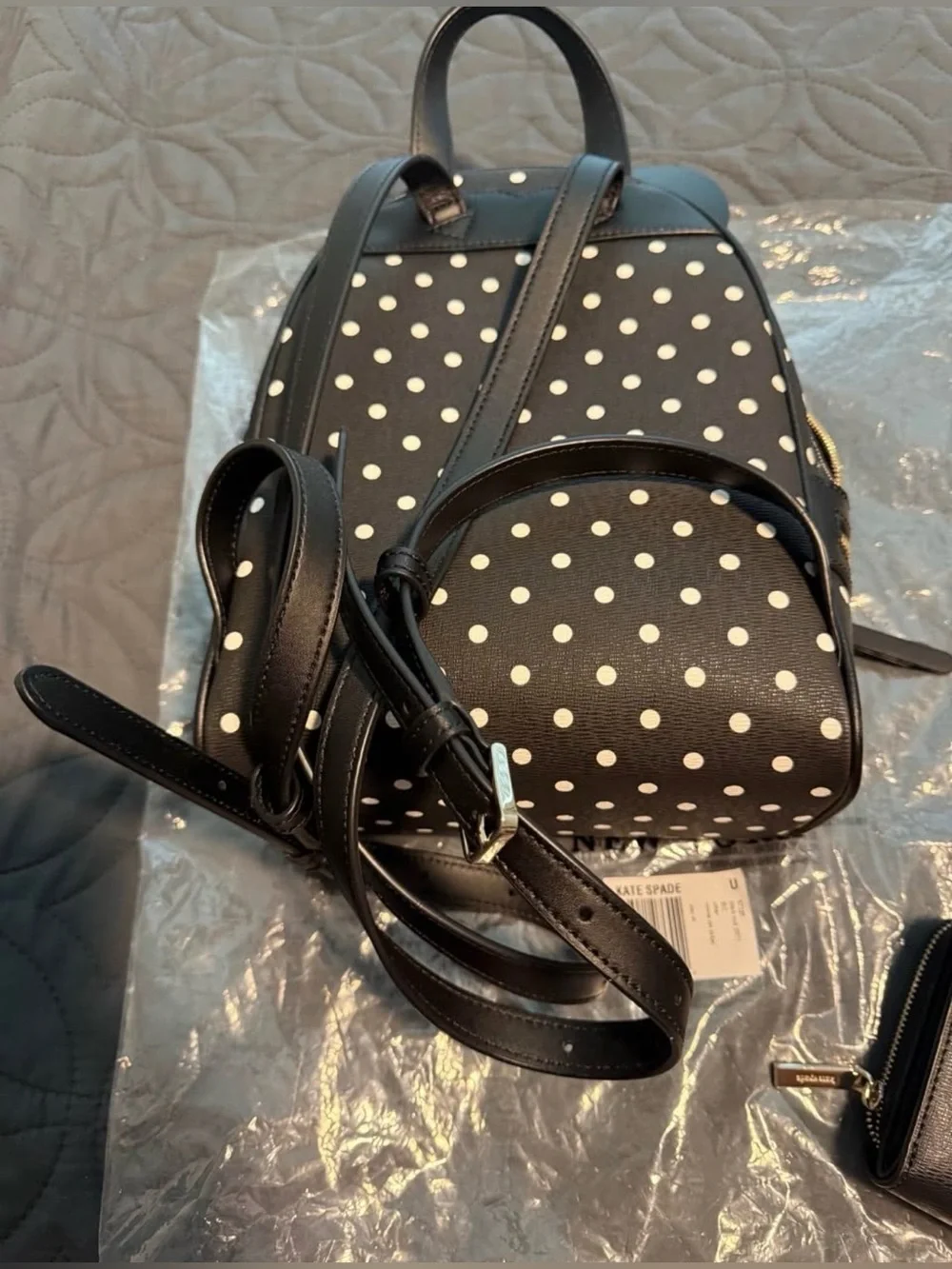 kate spade Black and White Polka Dot Backpack with Red Bow and wallet